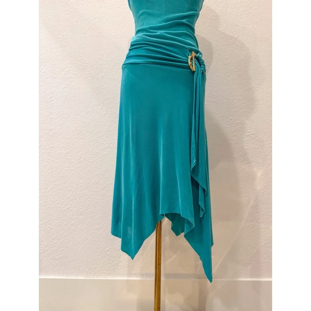 VTG Cacique Aqua Halter Dress XS Cowl Neck Gold Ring Detail Y2K Going Out 2000's - Picture 5 of 12